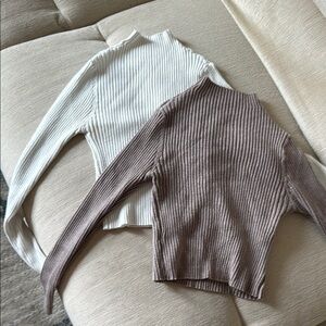 Ribbed Knit Sweater - White and Brown